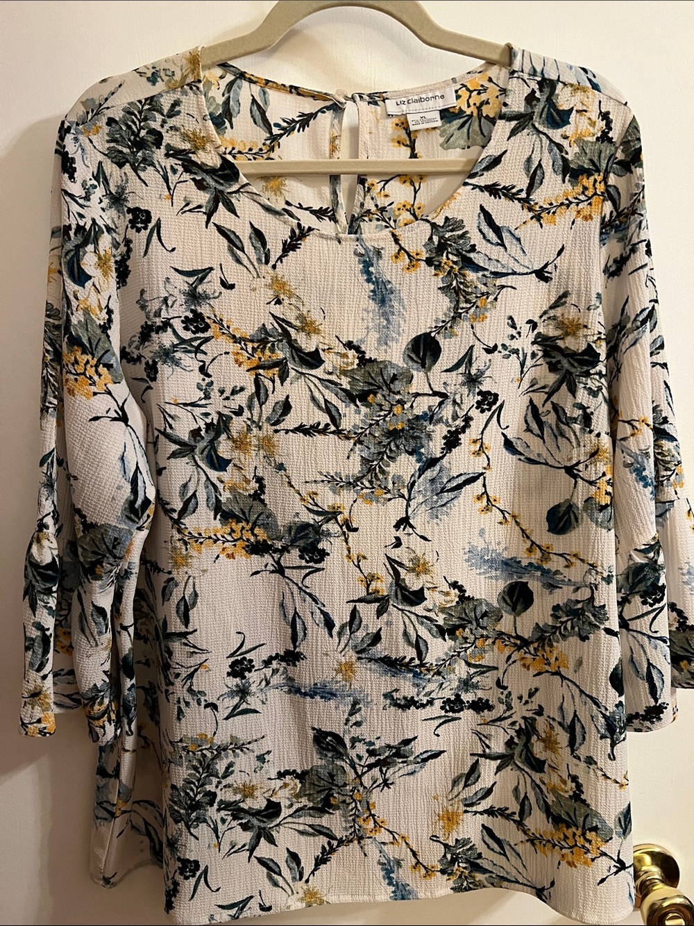 Liz Claiborne Cream Floral Tunic with Yellow & Green Print